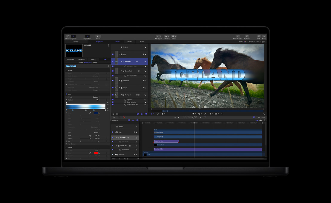 MacBook Pro de 16 pulgadas, título superpuesto sobre la imagen de tres caballos galopando, el título dice Iceland