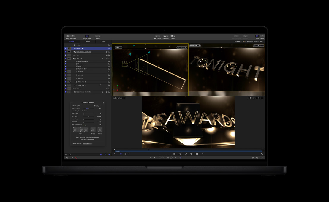 MacBook Pro de 16 pulgadas, títulos gráficos 3D curvos para una entrega de premios