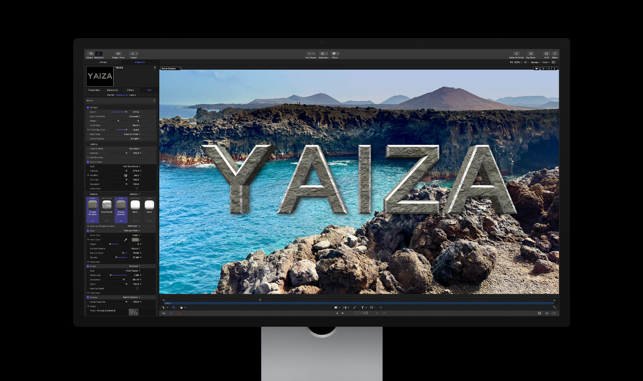 Studio Display para la Mac, creación de un título superpuesto a la imagen de una costa rocosa, el título dice Yaiza