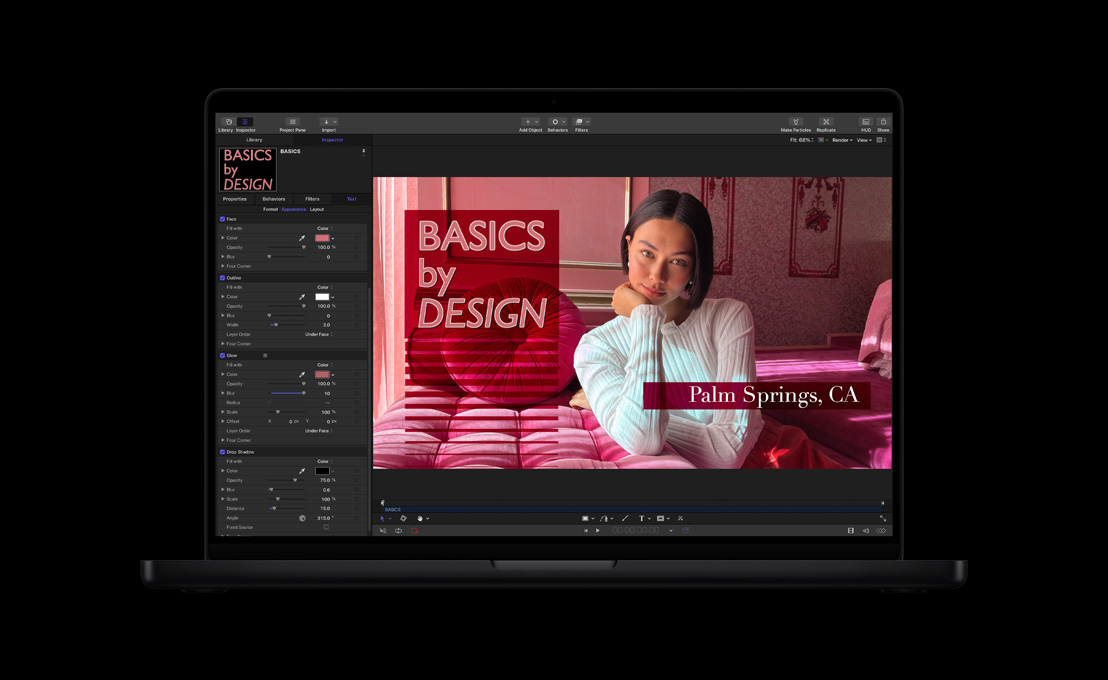 MacBook Pro de 16 pulgadas, mujer con suéter blanco en un sofá rojo, demostración de títulos 2D