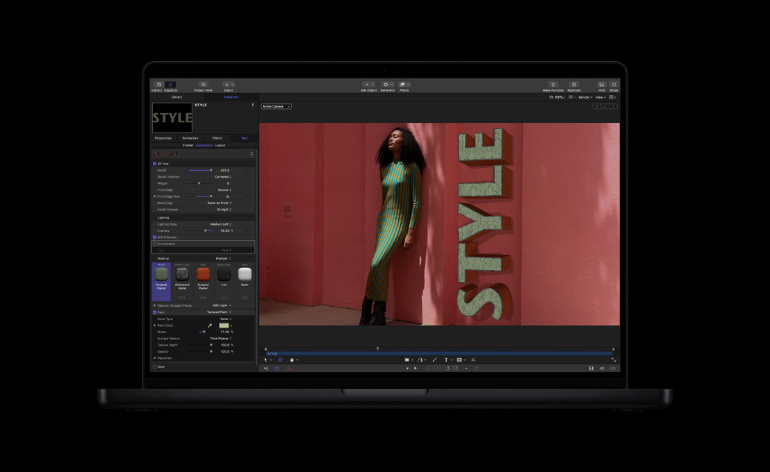 MacBook Pro de 16 pulgadas, mujer con vestido a rayas verdes y amarillas contra un fondo rojo, demostración de títulos 3D