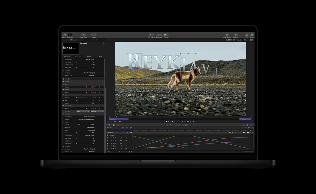 MacBook Pro de 16 pulgadas, lobo en un terreno árido, demostración de animaciones de texto