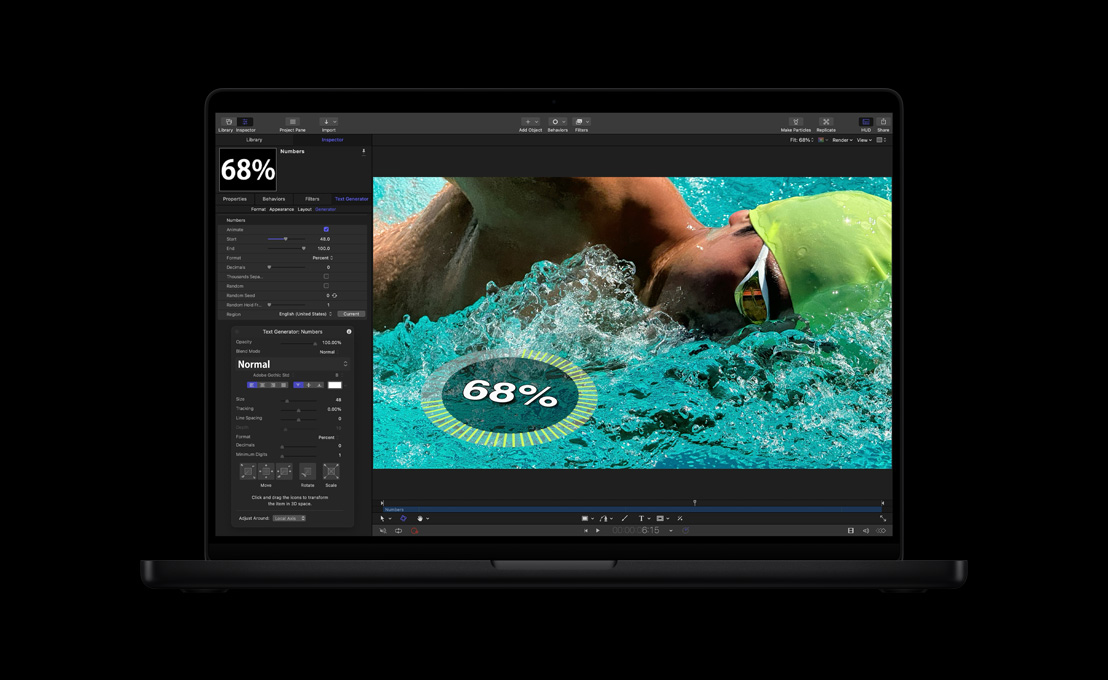 MacBook Pro de 16 pulgadas, persona nadando en una piscina, demostración de generación de texto 2D y 3D