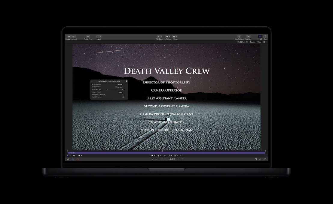 MacBook Pro de 16 pulgadas, demostración de títulos de crédito en un video sobre Death Valley
