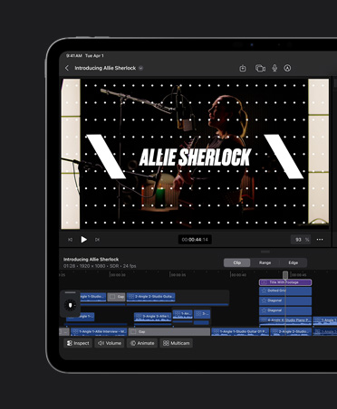 iPad Pro de 13 pulgadas, edición de un video musical con títulos superpuestos en la imagen, herramientas para elegir tipos de letra, colores y diseño, el título dice Allie Sherlock