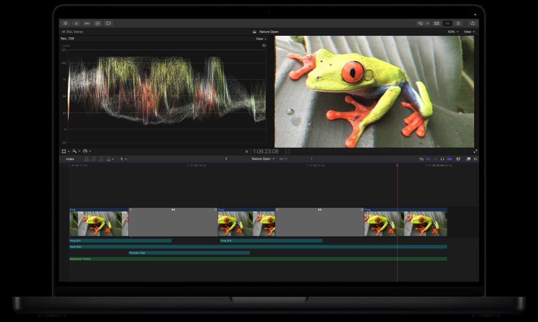 MacBook Pro de 16 pulgadas, espacio de trabajo de Final Cut Pro, imagen de una rana verde brillante sobre una hoja