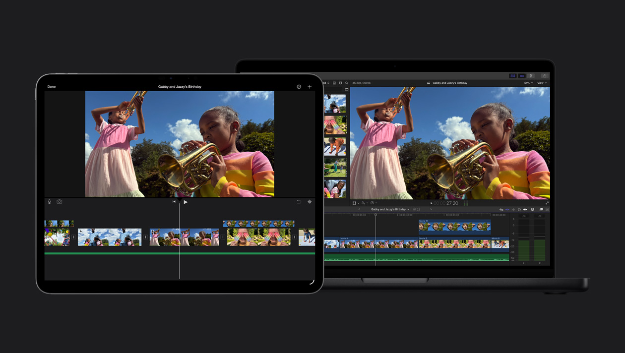 MacBook Pro de 14 pulgadas que muestra a dos niñas tocando la trompeta al aire libre, demostración de importación desde iMovie, clips, iPad Pro de 13 pulgadas que muestra a dos niñas tocando la trompeta al aire libre, demostración de importación desde iMovie, clips en la parte inferior