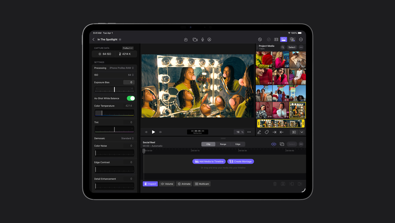 iPad Pro de 13 pulgadas que muestra la imagen de una mujer con trenzas haciendo una burbuja de chicle frente a varios espejos, contenido multimedia del proyecto a la derecha, panel de ajustes a la izquierda, reels para redes sociales en la parte inferior de la pantalla
