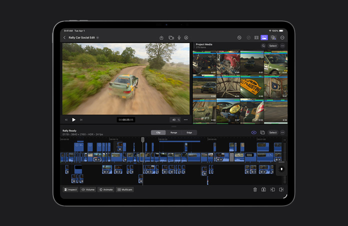 Pantalla de un iPad Pro de 13 pulgadas, edición de un video de conducción titulado Rally Car Social Edit