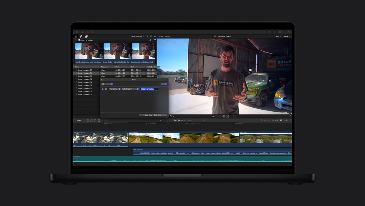 Pantalla de una MacBook Pro de 16 pulgadas, demostración de cómo se puede usar Búsqueda en las Transcripciones para encontrar clips de audio en los que se menciona la historia de las carreras