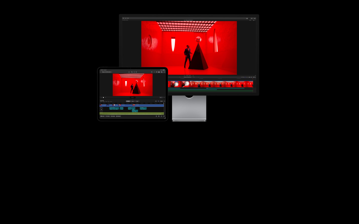 Edición en progreso en Final Cut Pro, hombre con traje azul en una habitación roja colocando una perla blanca gigante sobre una pirámide negra