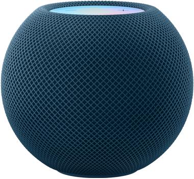 Un HomePod mini blanco en primer plano con un HomePod mini azul que aparece por detrás, da una vuelta y se ubica al lado del primero.