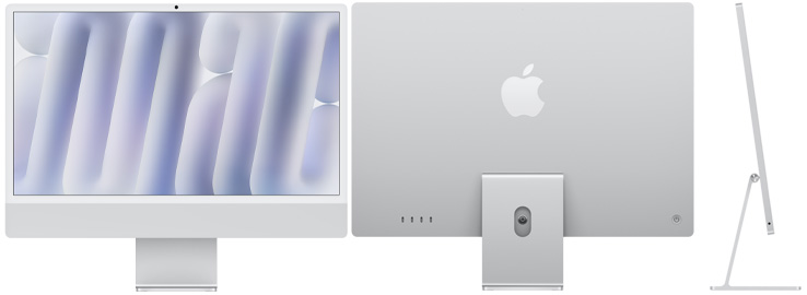 Vista frontal, posterior y lateral de la iMac color plata