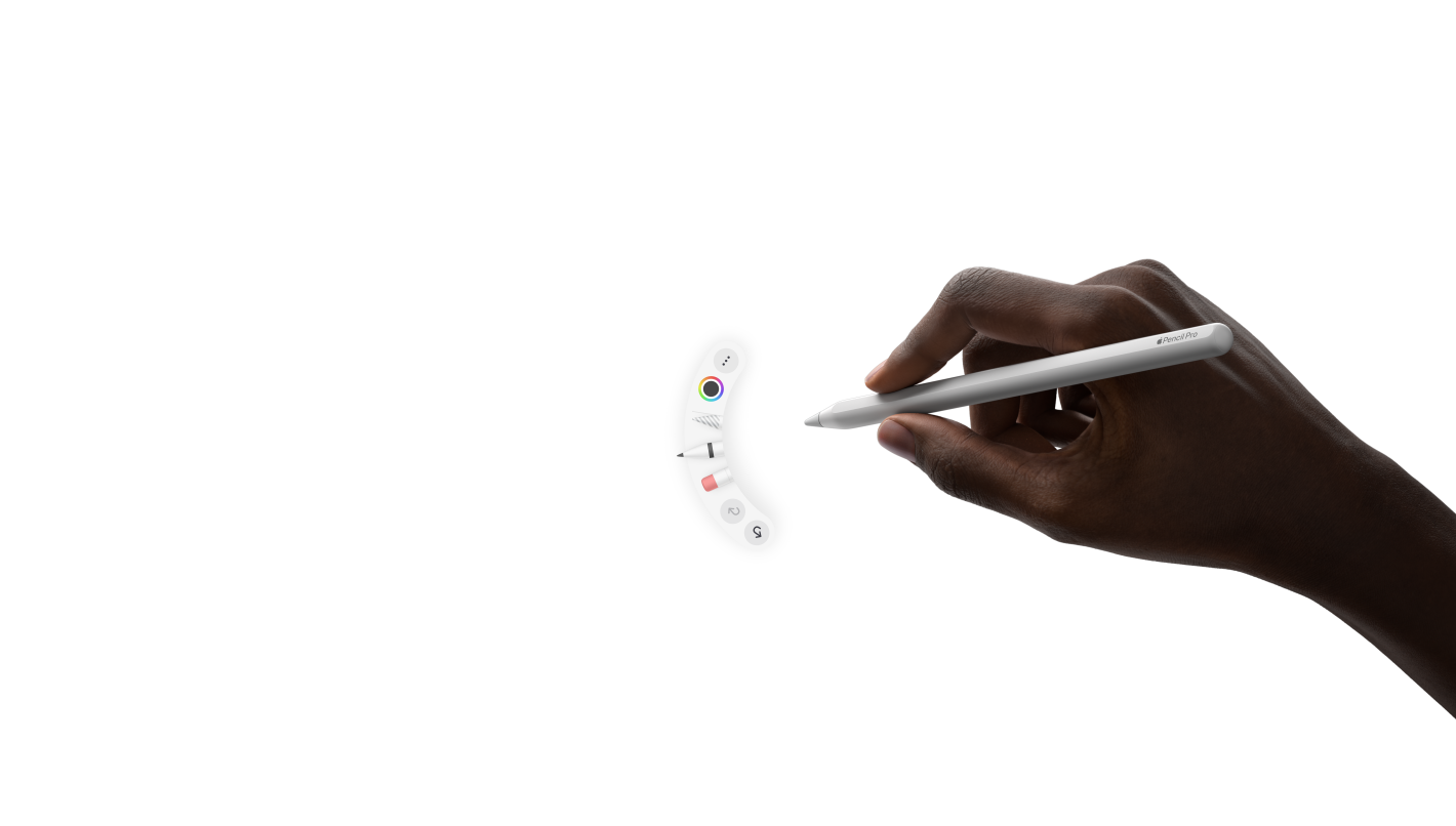 Un iPad Pro, parte superior, posición horizontal, color negro espacial, a la derecha, una mano sostiene un Apple Pencil Pro, dibuja y toma notas en una presentación de Keynote con varias imágenes, diagramas y texto escrito a mano