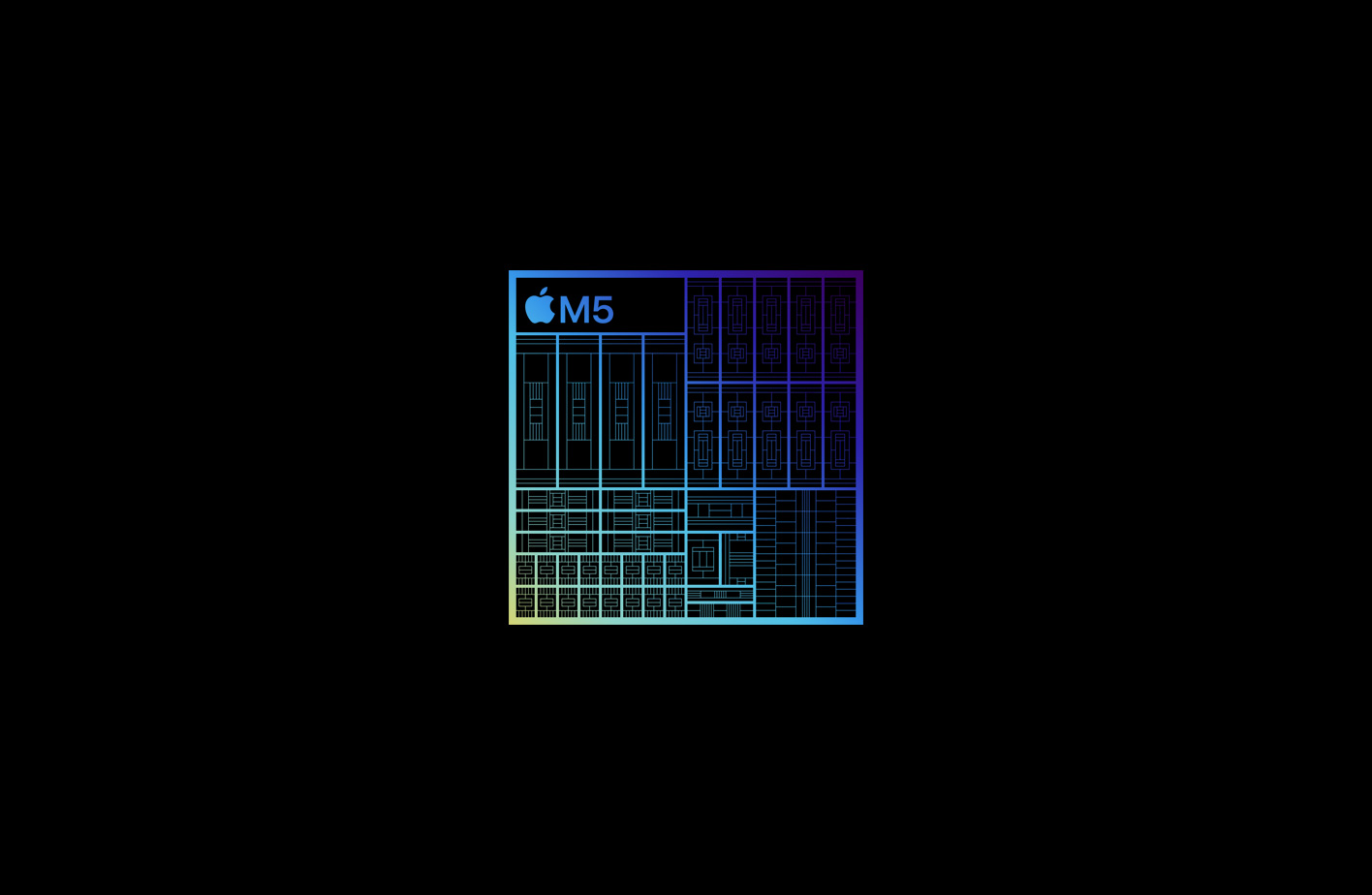 Imagen ampliada de la arquitectura del chip M5, gama de colores verde, azul y morado, circuitos detallados, varios componentes y conectores