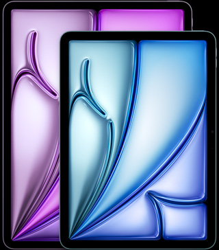 iPad Air de 13 pulgadas, iPad Air de 11 pulgadas, en posición vertical, parte frontal, esquinas redondeadas, marco de la pantalla negro, las pantallas muestran formas abstractas rosas, verdes y azules