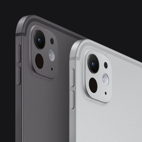 Dos dispositivos iPad Pro, parte posterior y lateral, en posición vertical, negro espacial y color plata, botones de volumen, sistema de cámaras Pro