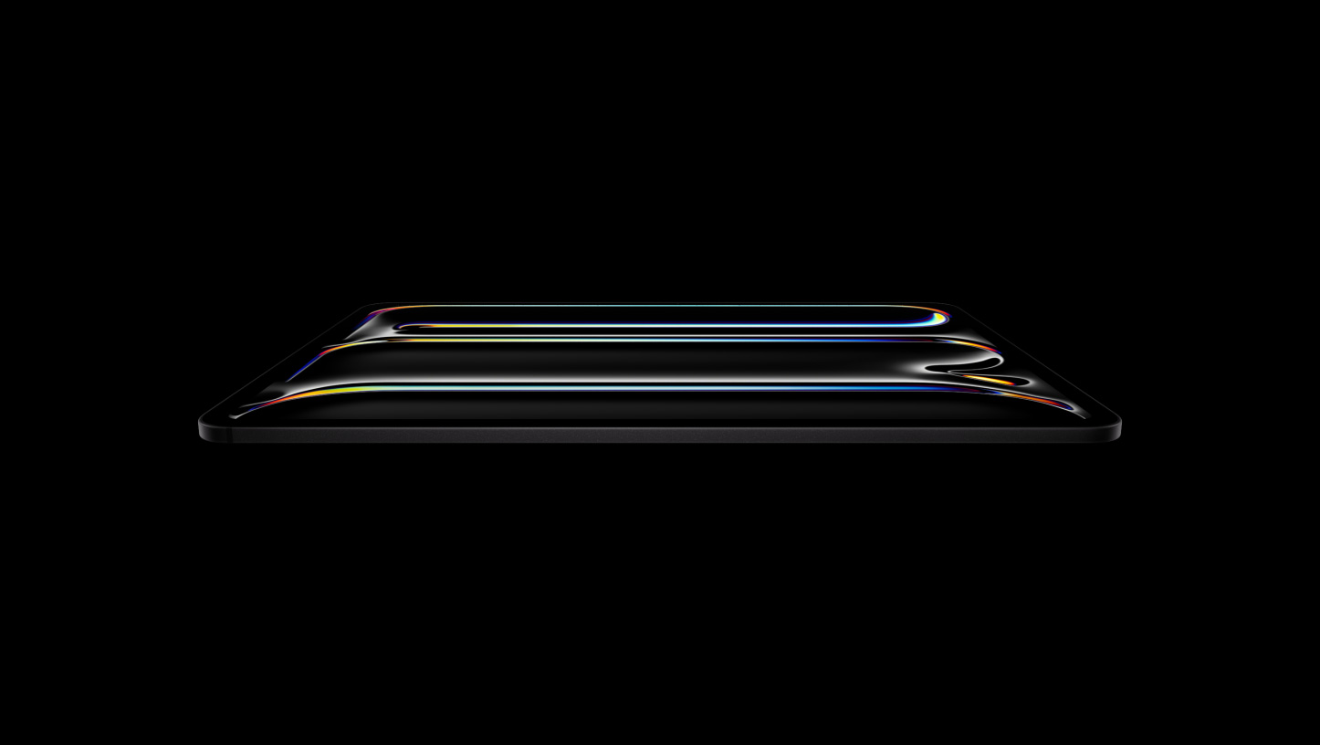 Parte frontal de un iPad Pro, marco de la pantalla negro, esquinas redondeadas
