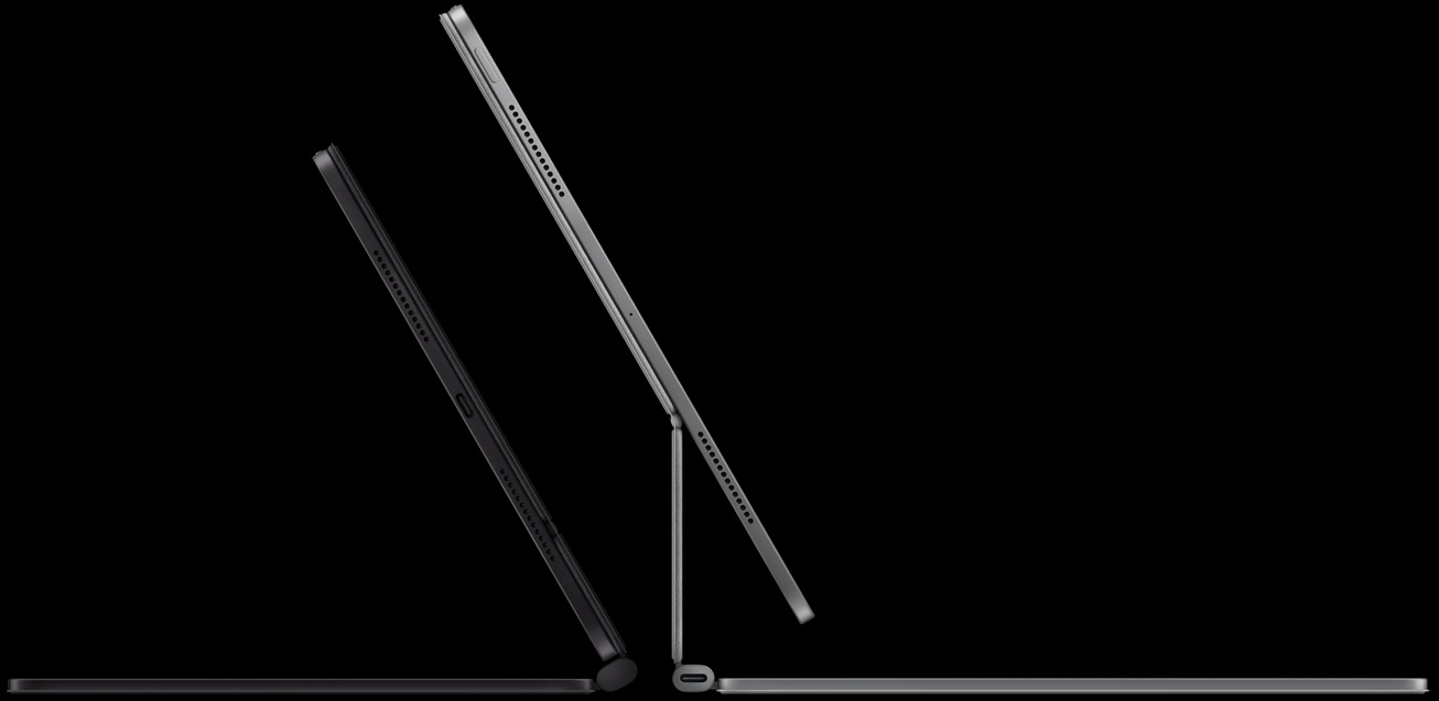 Dos dispositivos iPad Pro conectados a un Magic Keyboard, a la izquierda: un iPad Pro, parte lateral, color negro espacial, micrófonos, conectado a un Magic Keyboard, parte lateral, color negro espacial, perfil delgado, el iPad Pro está inclinado en un ángulo de 45 grados, a la derecha: un iPad Pro, parte lateral, color plata, micrófonos, conectado a un Magic Keyboard, parte lateral, color plata, el iPad Pro está inclinado en un ángulo de 45 grados para mostrar el diseño flotante del teclado y el conector USB-C