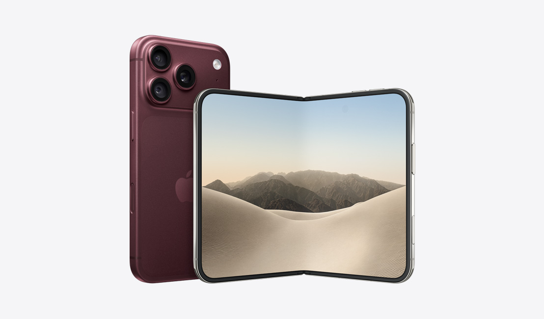 iPhone 18 Pro, color borgoña, parte posterior en ángulo, sistema de cámaras Pro Fusion de 48 MP, logo de Apple en el centro, botón lateral, Control de la Cámara, iPhone Duo, color blanco estrella, parte frontal, posición horizontal parcialmente abierta, una imagen en la pantalla interior, pantalla con borde delgado negro, esquinas redondeadas, botón lateral, Control de la Cámara