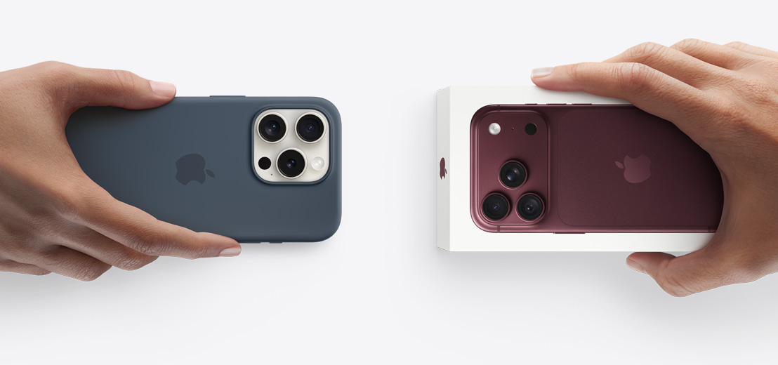 Dos manos intercambian un iPhone 17 con funda de silicón por un nuevo iPhone 18 Pro en su caja.