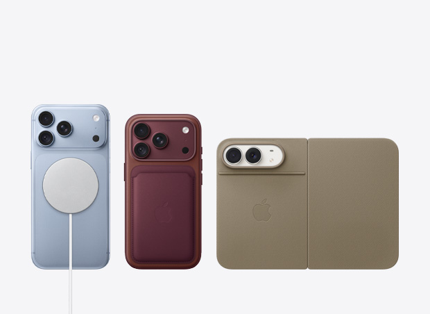 iPhone 18 Pro Max, iPhone 18 Pro y iPhone Duo uno al lado del otro: iPhone 18 Pro Max, parte posterior, color glaciar, cargador MagSafe acoplado, iPhone 18 Pro, parte posterior, color borgoña, funda de TechWoven con MagSafe con cartera de FineWoven color borgoña con MagSafe acoplada, iPhone Duo, parte posterior, abierto en posición horizontal, blanco estrella, Folio con soporte, color visón