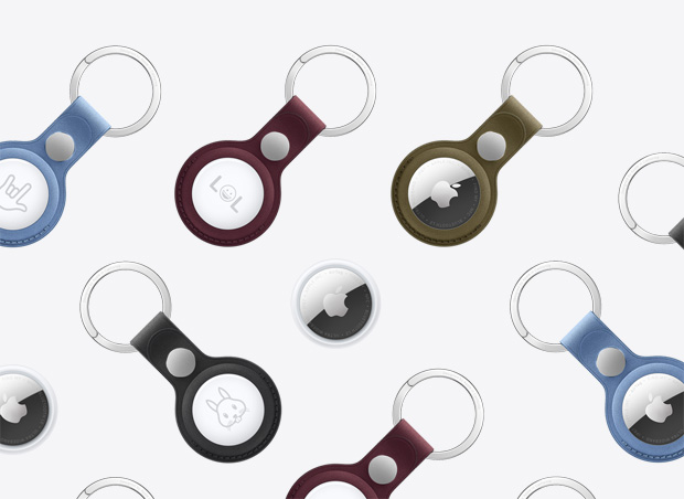 AirTag y llavero de FineWoven para el AirTag: una variedad de colores como glaciar, borgoña y verde, los llaveros muestran el logo de Apple en la parte frontal o grabados personalizados en la parte posterior