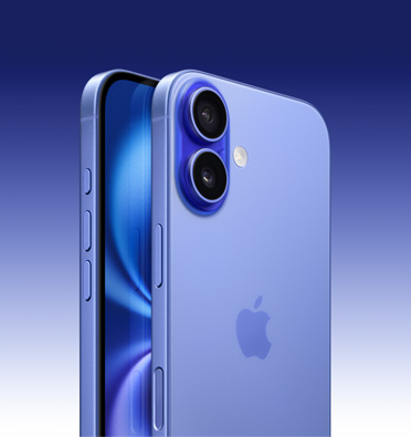 iPhone 16 en color ultramarino, con parte de la pantalla visible y vista lateral que permite ver el Botón de Acción, el botón de volumen y el botón lateral. Parte posterior que muestra el sistema avanzado de dos cámaras en la esquina superior izquierda.