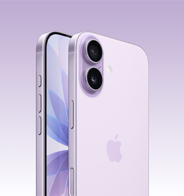 iPhone 17 en color lavanda, con parte de la pantalla visible y vista lateral que permite ver el Botón de Acción, el botón de volumen y el botón lateral. Parte posterior que muestra el sistema de dos cámaras Fusion en la esquina superior izquierda.