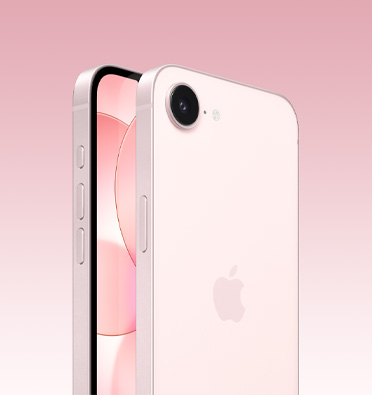 Parte frontal y posterior de un iPhone 17e rosa pálido, parte frontal parcial de la pantalla, parte posterior completa con el logo de Apple y una cámara, parte lateral con el Botón de Acción, los botones de volumen y el botón lateral.