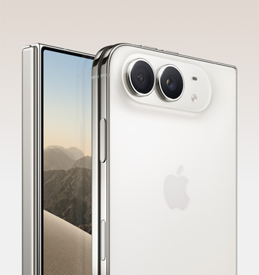 iPhone Duo, color blanco estrella, orientado hacia la izquierda, la pantalla interior tiene la imagen de un desierto; iPhone Duo, color blanco estrella, orientado hacia la izquierda, semiabierto, parte posterior, sistema de dos cámaras Fusion traseras de 48 MP en la esquina superior, dos lentes, micrófono, flash