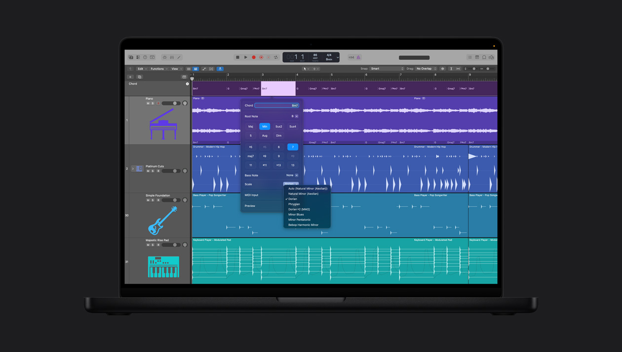 Pantalla de una MacBook Pro de 16 pulgadas que muestra Pista de Acordes, Piano, Platinum Cuts, Simple Foundation, Majestic Rise Pad, y ajustes de la ventana de Acorde