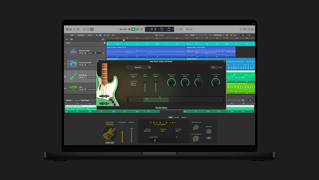 Pantalla de una MacBook Pro de 16 pulgadas que muestra Session Players, Studio Bass Player Sixties Half Muted y ajustes