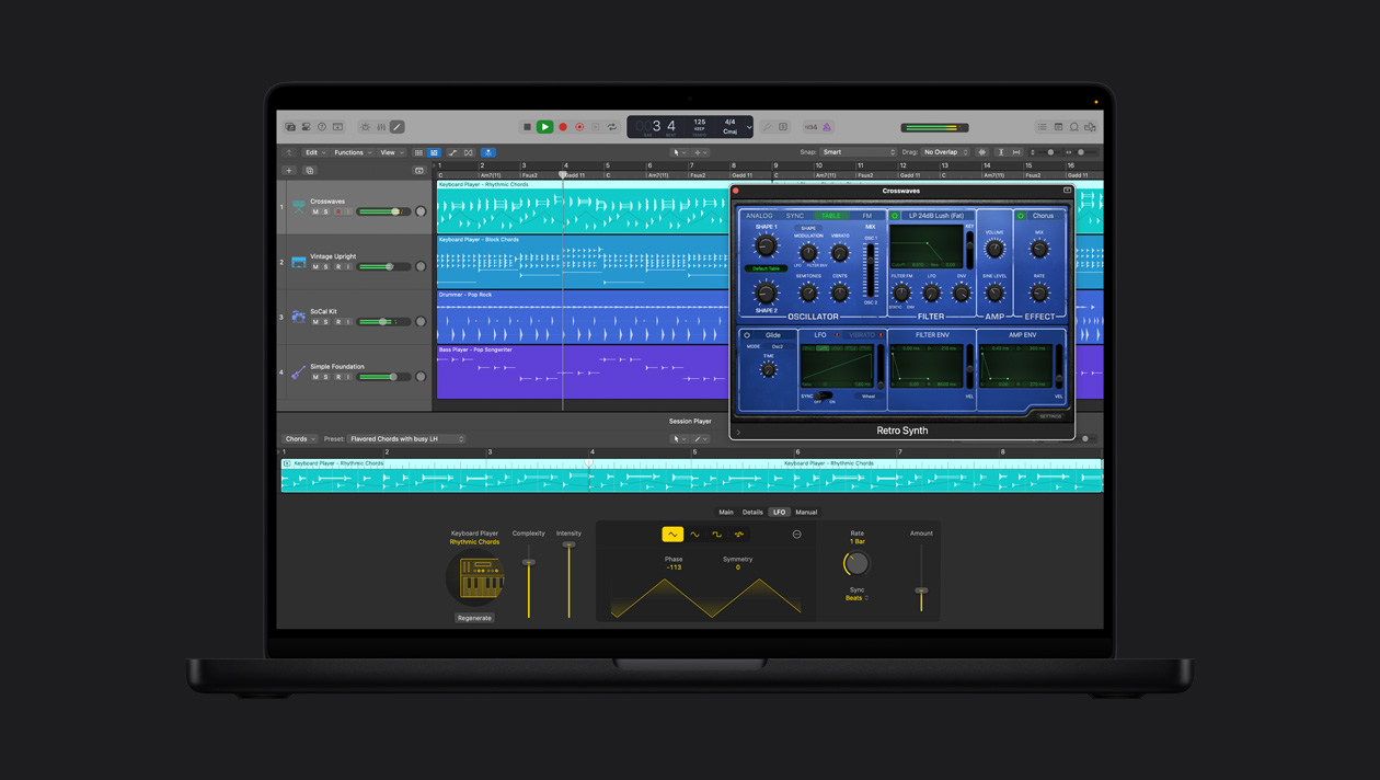 Pantalla de una MacBook Pro de 16 pulgadas que muestra Synth Player, la ventana de Crosswaves está abierta con opciones de controles, a la izquierda están Vintage Upright, SoCal Kit y Simple Foundation, en la parte inferior se ubican los controles de Rhythmic Chords de Keyboard Player