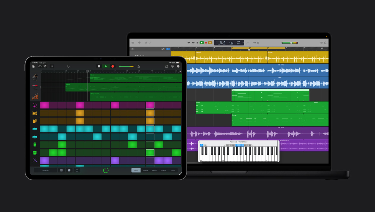 Pantalla de un iPad Pro de 13 pulgadas que muestra un espacio de trabajo con el panel de instrumentos a la izquierda y los colores y ondas de audio correspondientes junto a ellos, pantalla de una MacBook Pro de 16 pulgadas que muestra filas con distintos instrumentos y ondas de sonido de diferentes colores, teclado Grand Piano en la parte inferior