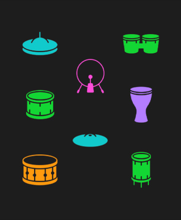 Símbolos de un kit de batería, varios instrumentos en diferentes colores
