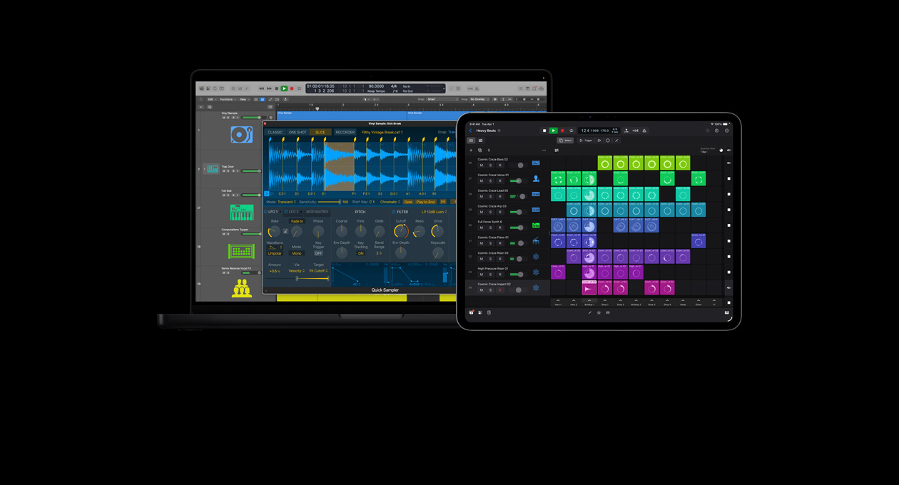 Pantalla de una MacBook Pro de 16 pulgadas que muestra el módulo de Quick Sampler, un sample de vinilo, ondas y controles de audio, pantalla de un iPad Pro de 13 pulgadas que muestra herramientas de creación de ritmos, una cuadrícula colorida de Live Loops y frases