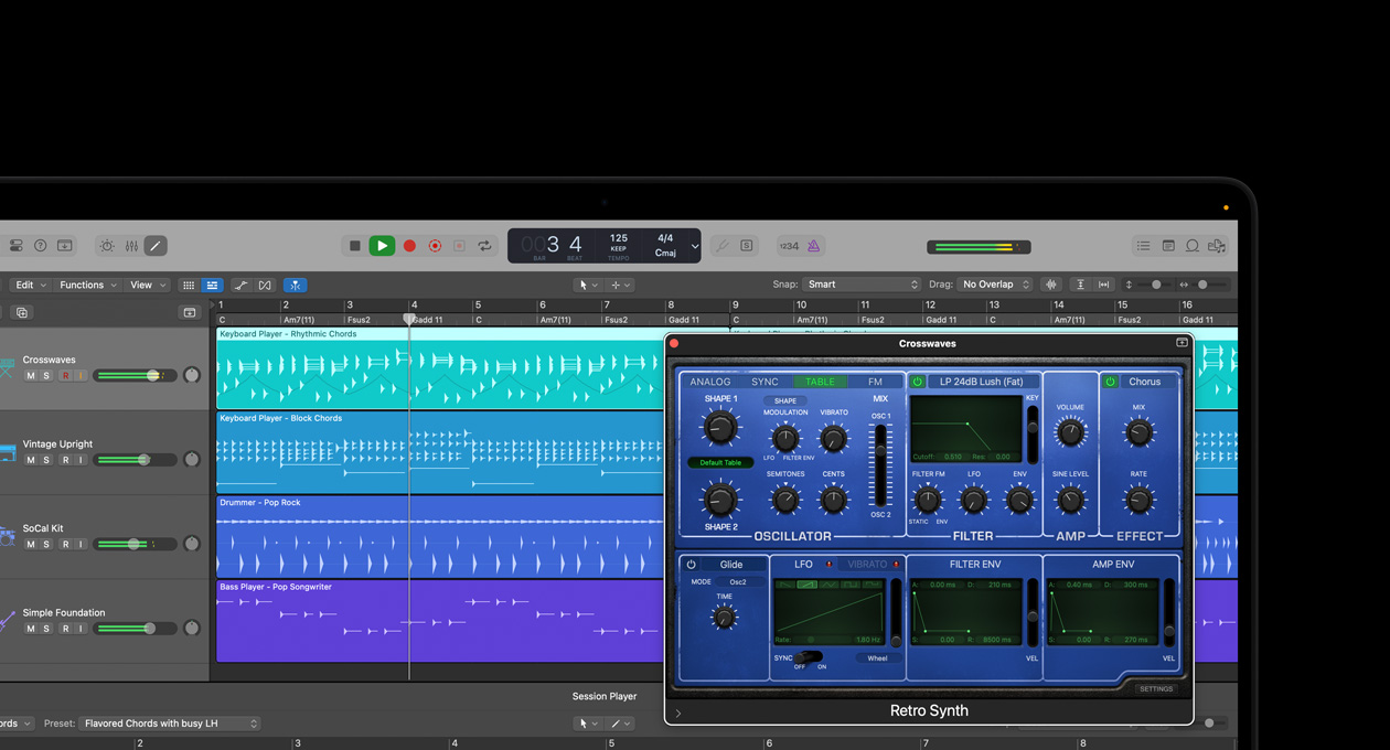 Pantalla de una MacBook Pro de 16 pulgadas que muestra el módulo de diseño de Retro Synth con los controles de osciladores, filtros, amplificadores y efectos