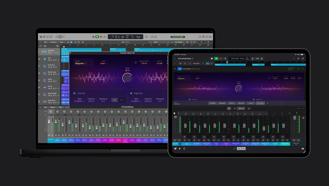 Espacio de trabajo en un iPad Pro de 13 pulgadas que muestra ondas de sonido en la parte superior con control de ajuste en el centro, opciones de pista, controles de instrumentos en la parte inferior, pantalla de una MacBook Pro de 16 pulgadas que muestra un espacio de trabajo con el panel de loops e instrumentos a la izquierda, la ventana de ChromaGlow está abierta, controles de audio en la parte inferior