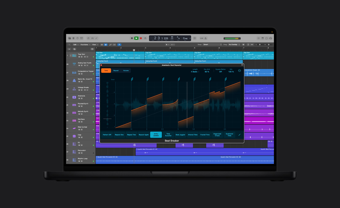 Pantalla de una MacBook Pro de 16 pulgadas que muestra una ventana de Beat Breaker, Anastacia: Beat Repeater, ondas de audio de Duración con ajustes y selecciones