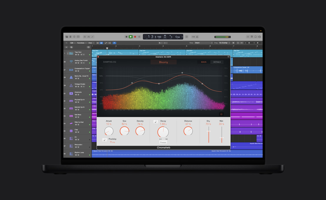 Pantalla de una MacBook Pro de 16 pulgadas que muestra una ventana de ChromaVerb, Anastacia: Set Adrift, ondas de sonido con los colores del arcoíris en una gráfica, controles de ajuste en la parte inferior