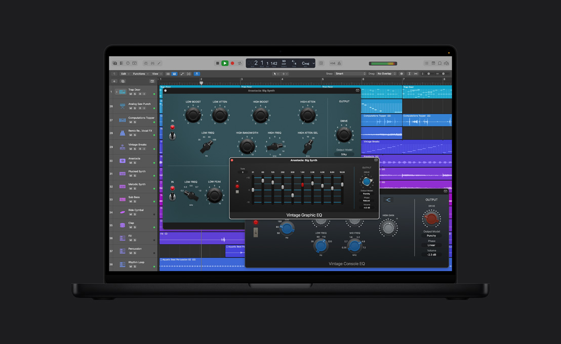 Pantalla de una MacBook Pro de 16 pulgadas que muestra una ventana Vintage EQ, Anastacia: Big Synth, controles ajustados en diferentes números y perillas de salida a la derecha