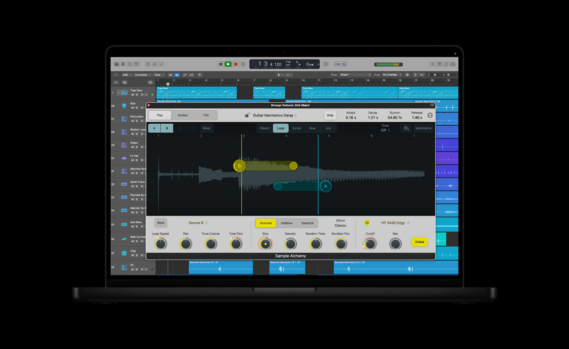 MacBook Pro de 16 pulgadas, ventana de Sample Alchemy en Logic Pro, ventana con pista vocal