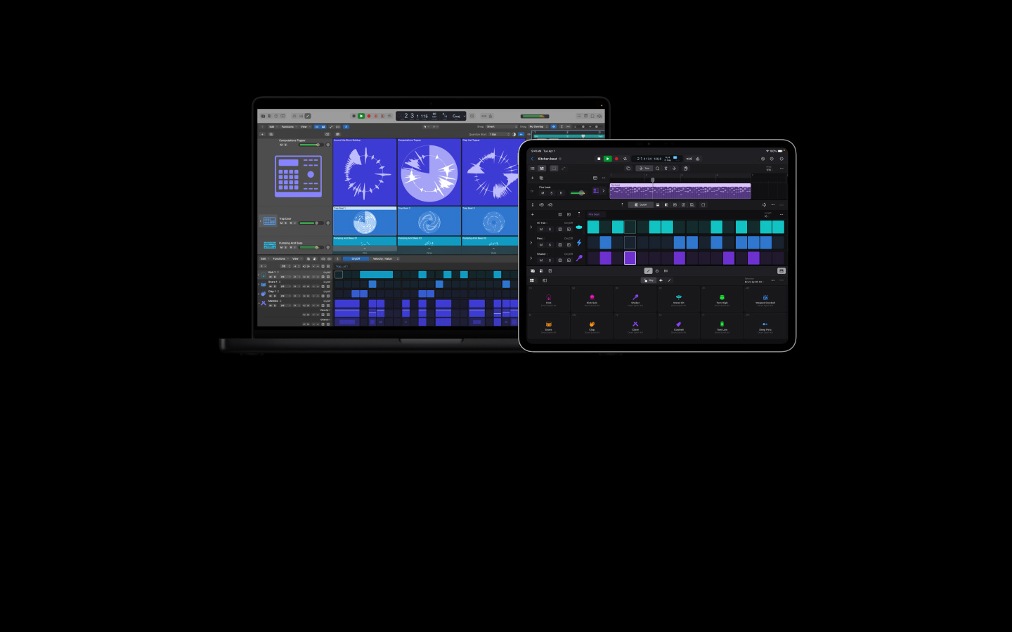 Pantalla de una MacBook Pro de 16 pulgadas que muestra la interfaz de Logic Pro, detalles de varios controles de bajo y batería, pantalla de un iPad Pro de 13 pulgadas que muestra los controles de distintos efectos de batería y percusión