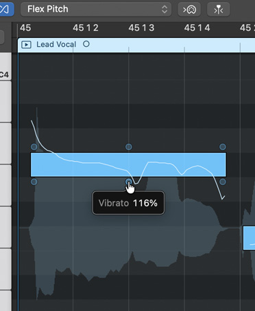 Pantalla que muestra Flex Pitch con el porcentaje de Vibrato, gráfica de Lead Vocal