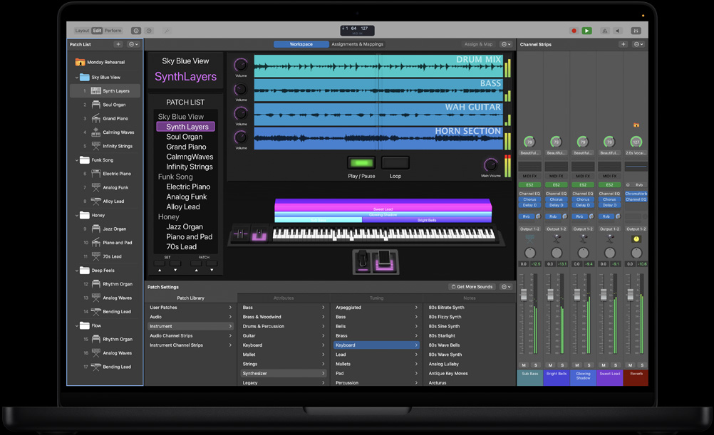 Pantalla de una MacBook Pro de 16 pulgadas que muestra el espacio de trabajo de MainStage, un panel izquierdo con varios archivos, en la parte inferior hay Ajustes de Patches con Biblioteca de Patches de sonidos, a la derecha hay canales y controles