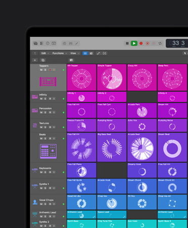 Pantalla de una MacBook Pro de 16 pulgadas que muestra controles y efectos, panel izquierdo con Toppers, Infinito, Percusión, Texturas, Tiempos, Teclados, Synths 1, Vocal Chops, Anthemic Lead, Synths 2, Synths 3, cada fila está clasificada por color y se muestra a la derecha