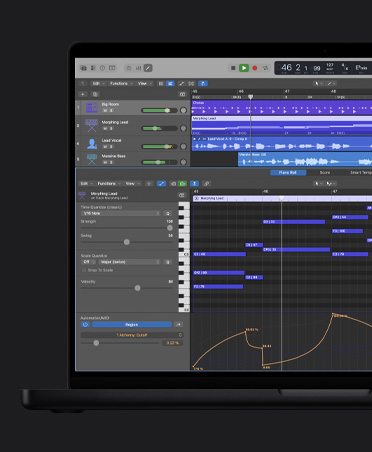 Pantalla de una MacBook Pro de 16 pulgadas que muestra ondas de sonido con diferentes filas, como Big Room, Morphing Lead, Lead Vocal, Massive Bass, en la parte inferior está la ventana Editor de Teclado con ajustes a la izquierda