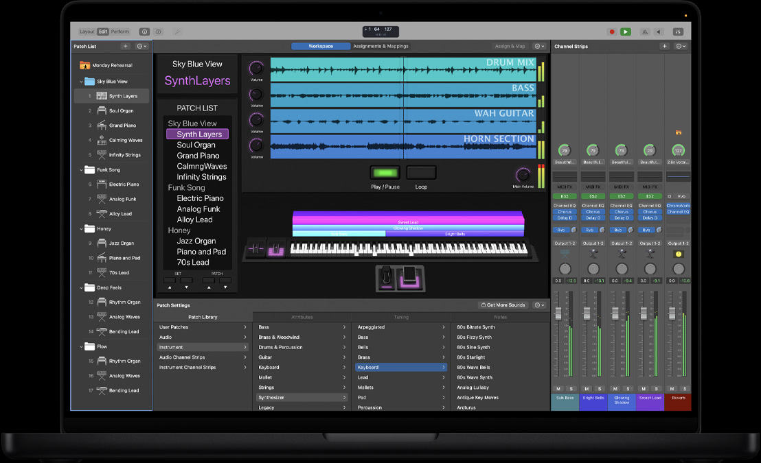 Pantalla de una MacBook Pro de 16 pulgadas que muestra el espacio de trabajo de MainStage, un panel izquierdo con varios archivos, en la parte inferior hay Ajustes de Patches con Biblioteca de Patches, a la derecha hay canales y controles