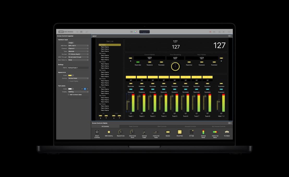 MacBook Pro de 16 pulgadas, la pantalla muestra el espacio de trabajo de Logic Pro con un diseño, Inspector del Control de Pantalla a la izquierda, Paleta de Controles de Pantalla en la parte inferior
